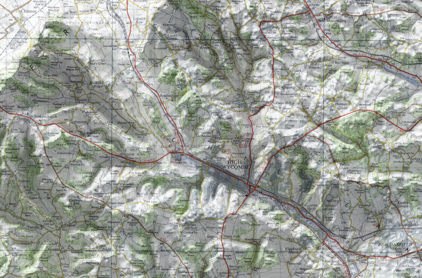 Chiltern Hills, High Wycombe & Henley ~ 2D Shaded Relief Map Vintage Style Print