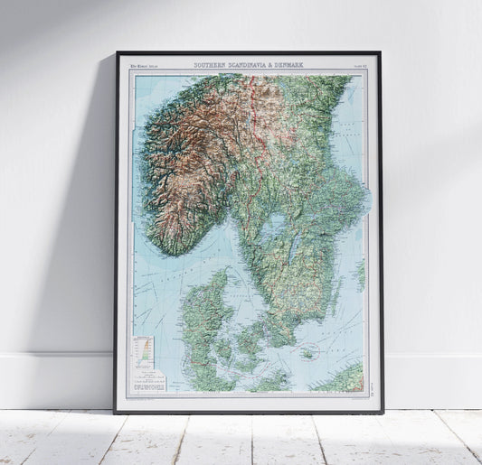 Southern Scandinavia & Denmark, Vintage Map 2D Topographic Shaded Relief ~ Print