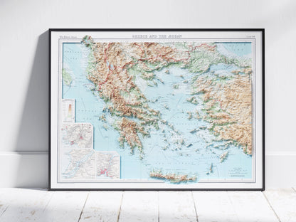 Greece & The Aegean Vintage Map 2D Topographic Shaded Relief ~ Print