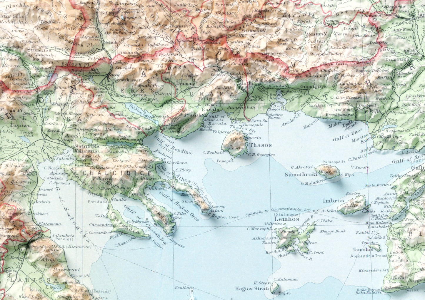 Greece & The Aegean Vintage Map 2D Topographic Shaded Relief ~ Print