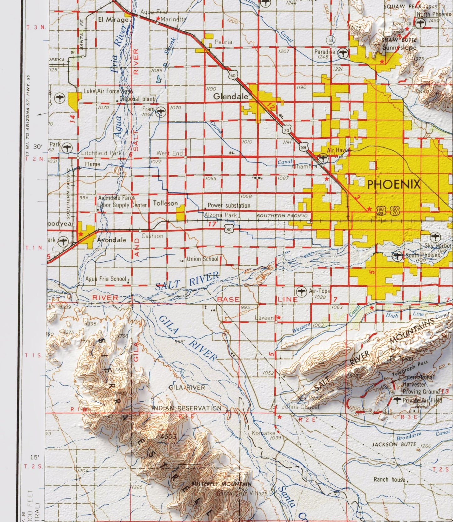 Phoenix & Mesa, Arizona: 2D Shaded Relief Map Print ~ Retro Topographic