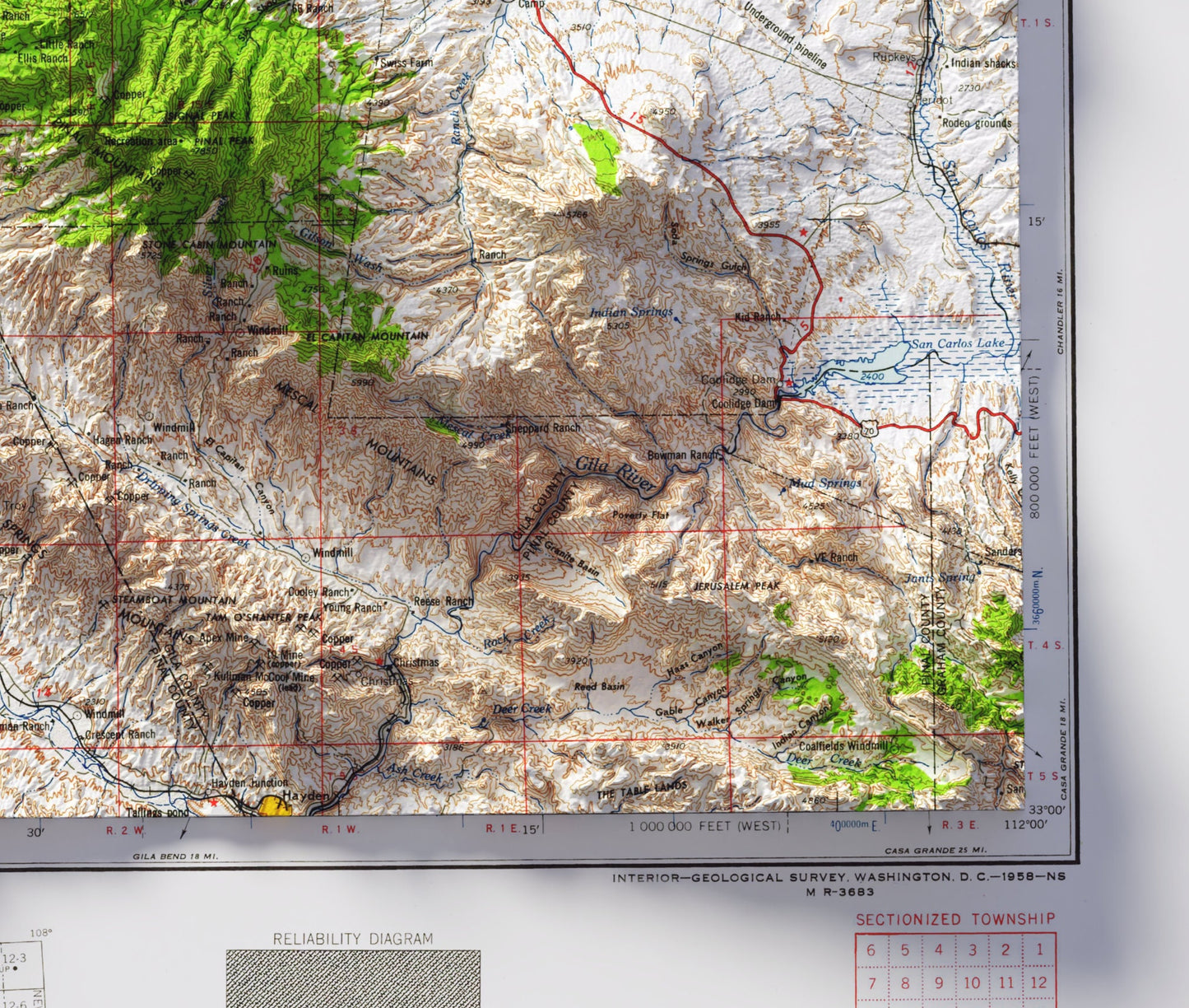 Phoenix & Mesa, Arizona: 2D Shaded Relief Map Print ~ Retro Topographic