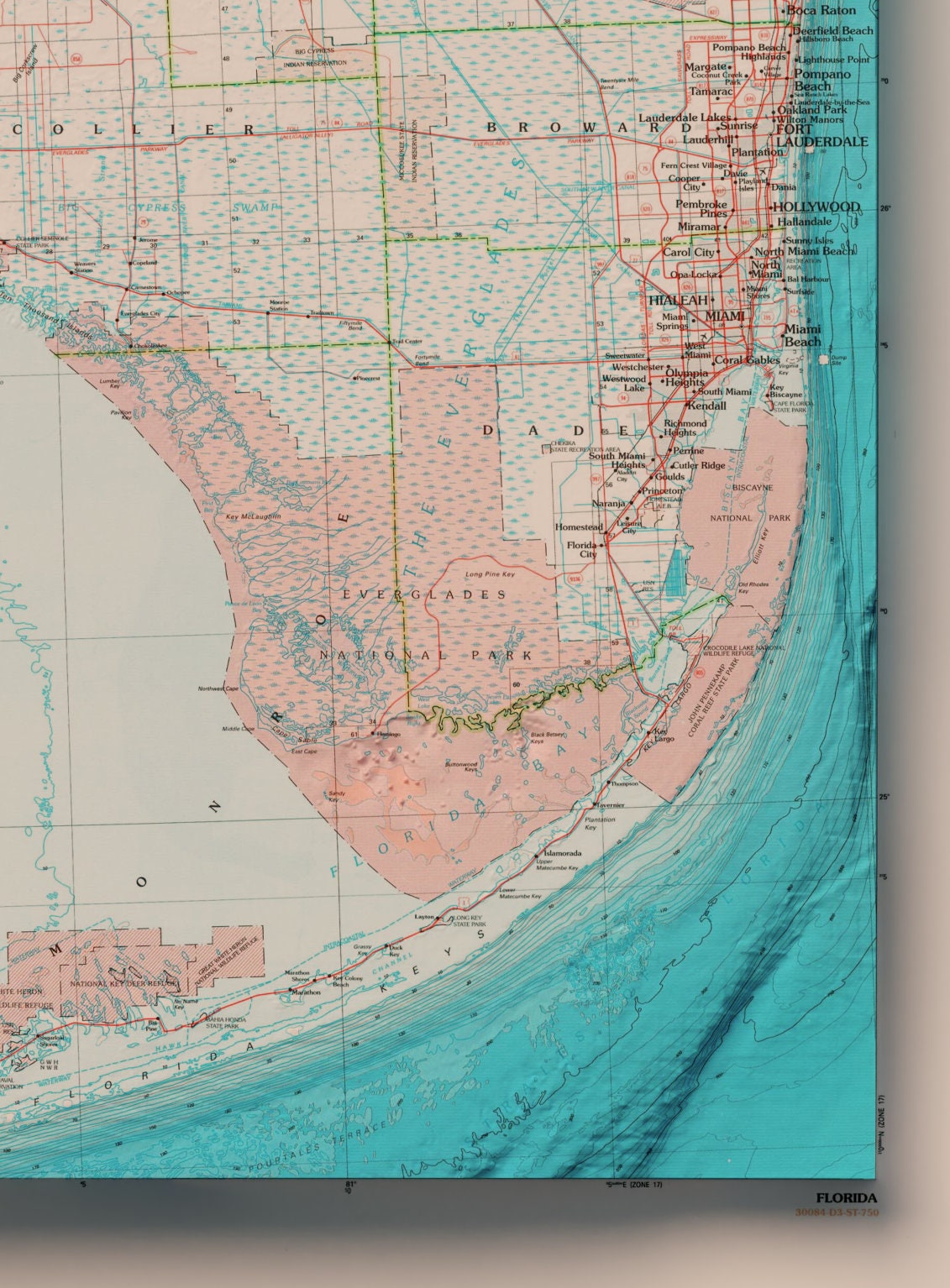 Florida Bathymetric Map Shaded Relief 2D Print