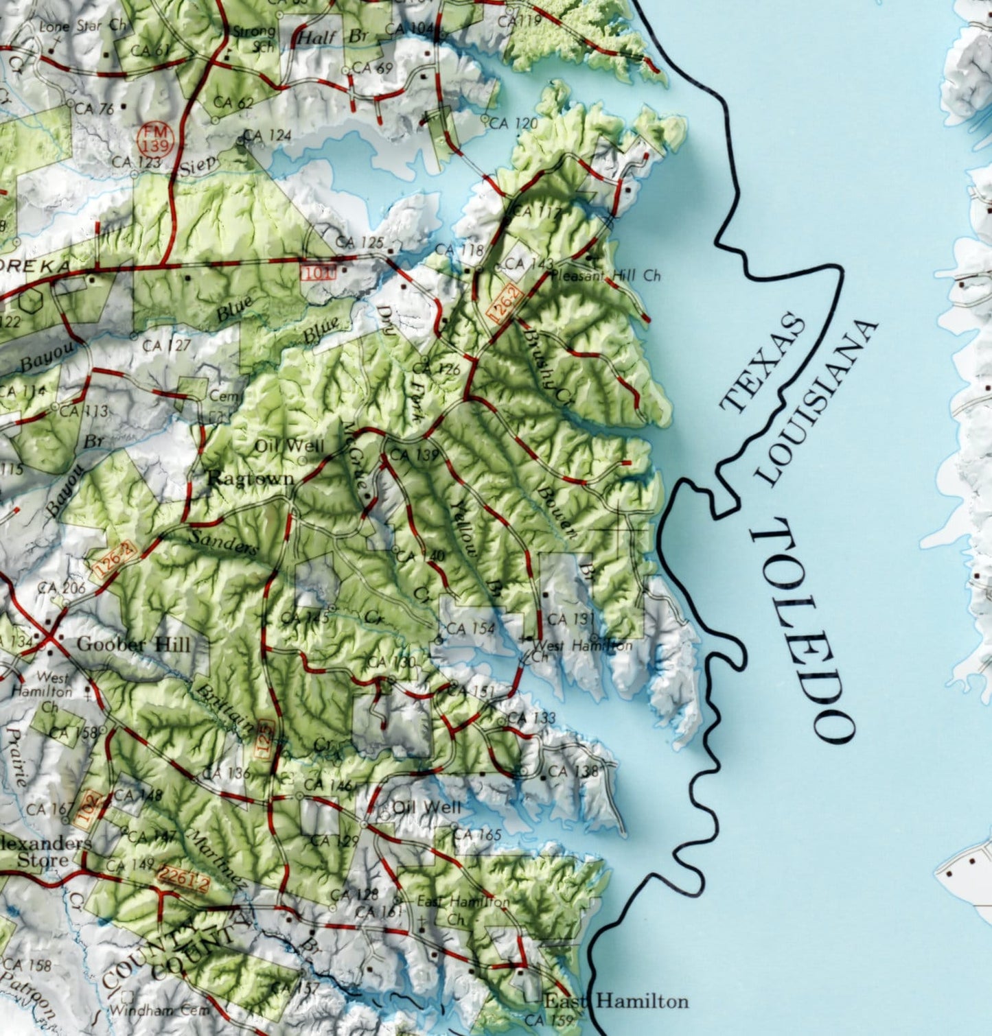 Sabine National Forest, Texas ~ Shaded Relief 2D Map Print