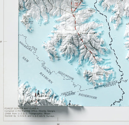 Sabine National Forest, Texas ~ Shaded Relief 2D Map Print