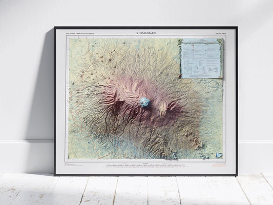 Mount Kilimanjaro Vintage Shaded Relief Map 2D Print ~ Tanzania, Kenya Topography