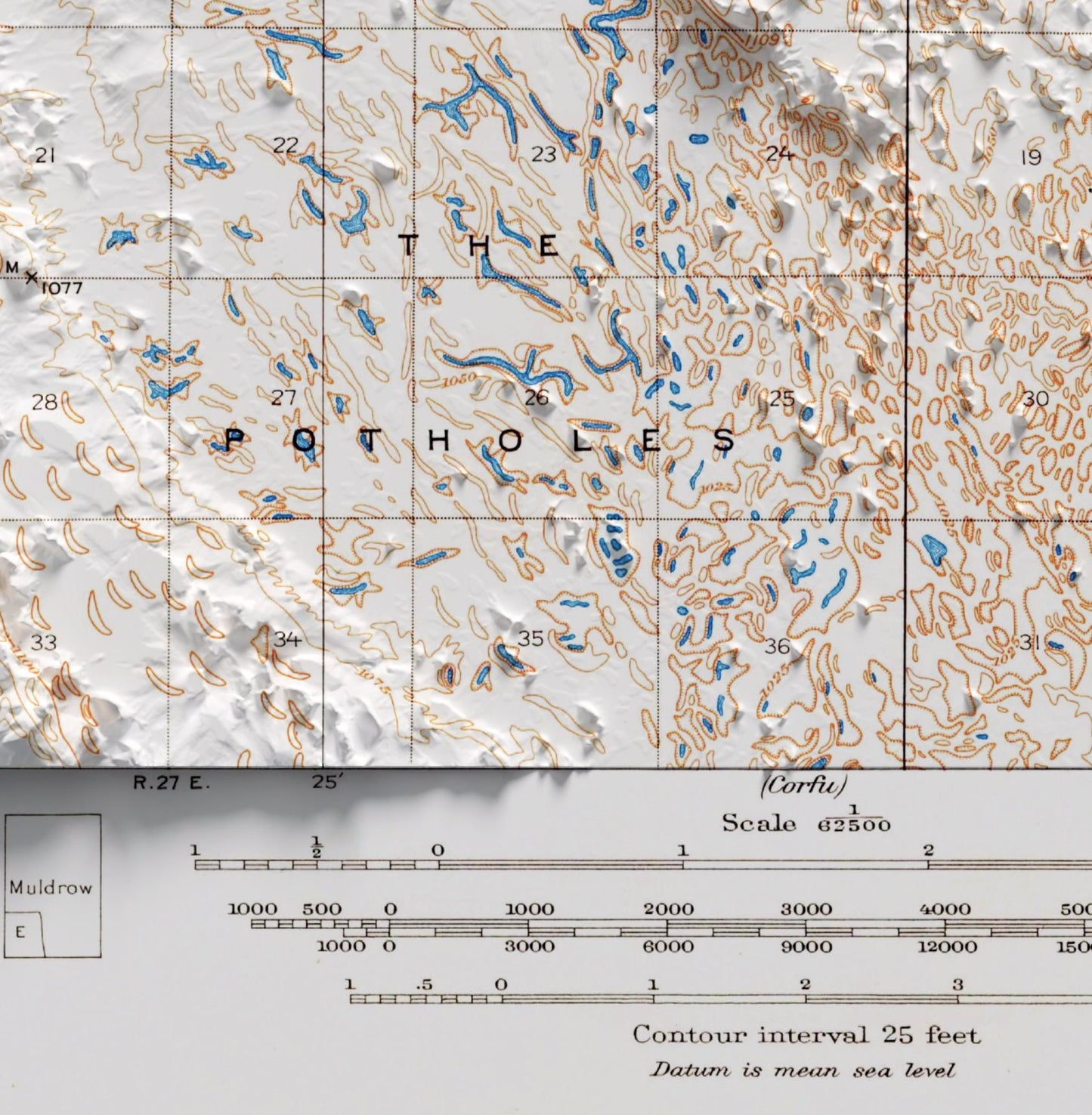 Moses Lake, Washington  ~ Shaded Relief 2D Map Print