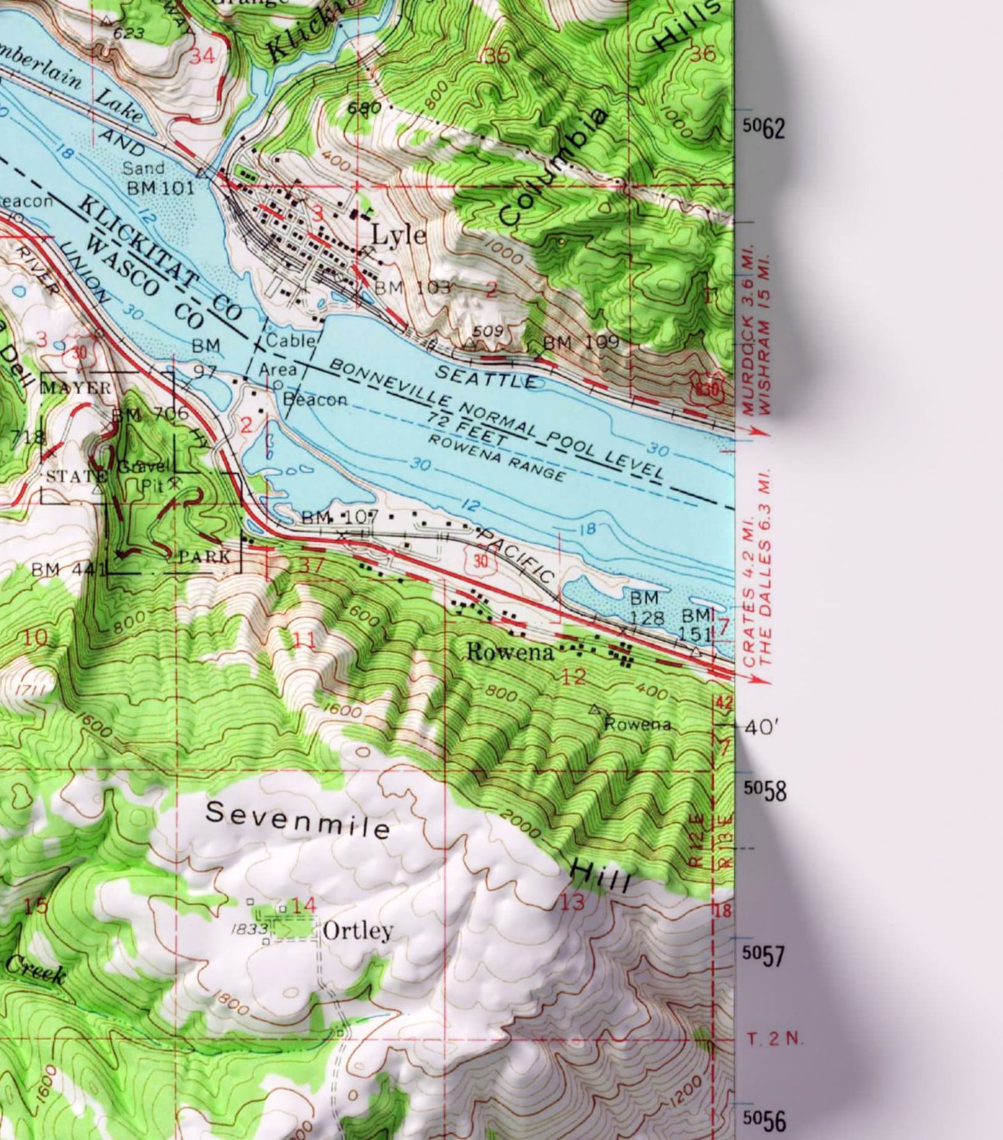 White Salmon & Columbia River, Oregon/Washington ~ Shaded Relief 2D Map Print