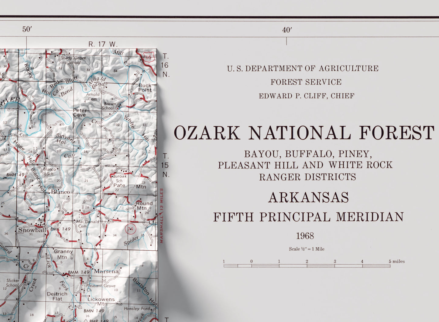 Ozark National Forest, Arkansas ~ Shaded Relief 2D Map Print