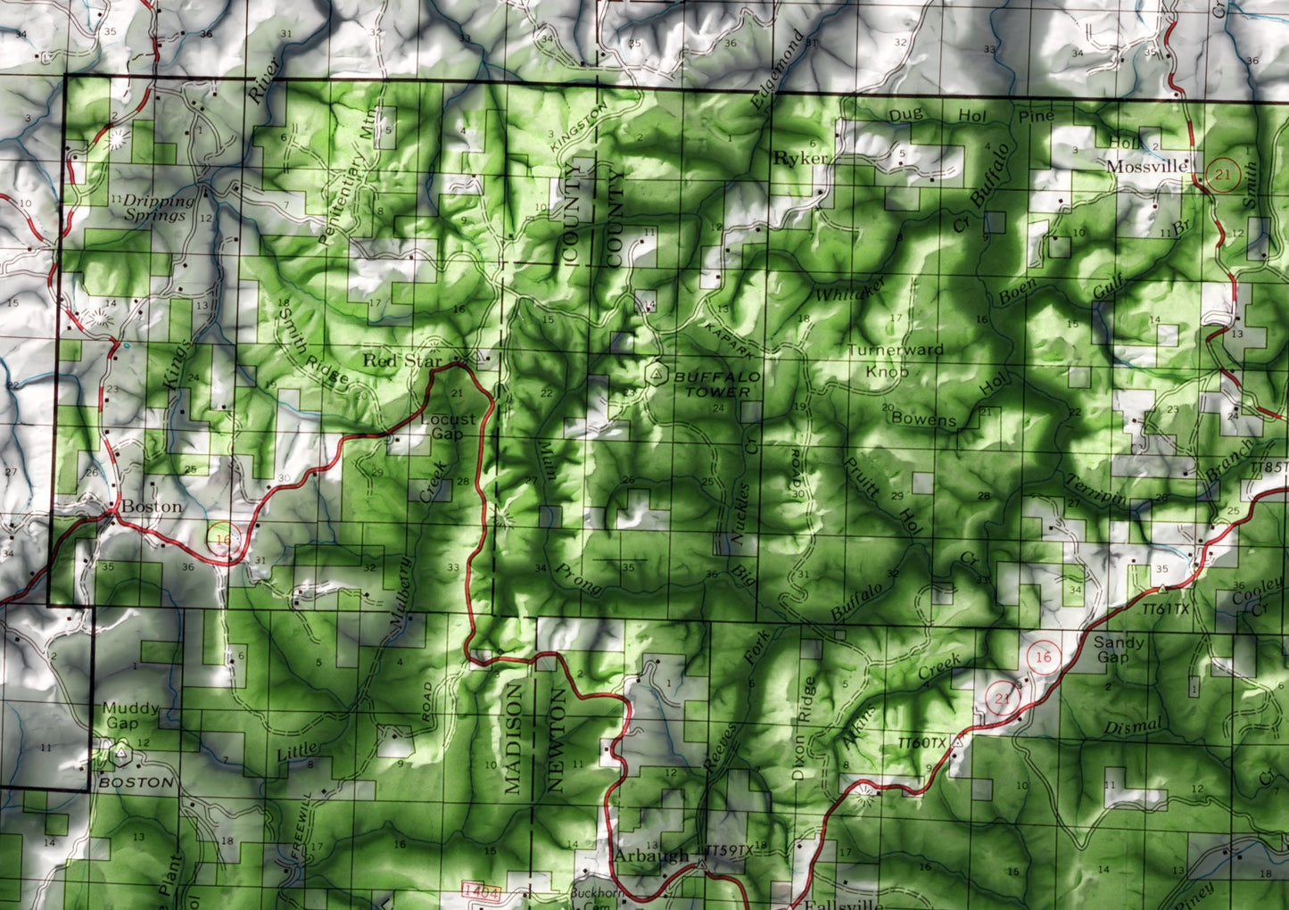 Ozark National Forest, Arkansas ~ Shaded Relief 2D Map Print