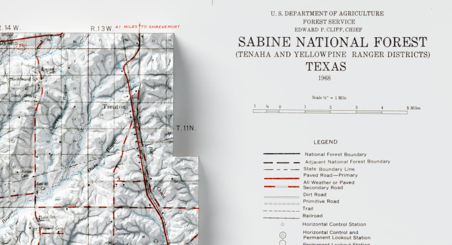 Sabine National Forest, Texas ~ Shaded Relief 2D Map Print