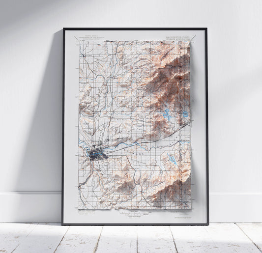 Spokane, Washington & Idaho ~ Vintage Shaded Relief 2D Map Print