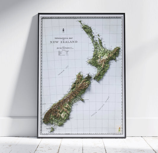 New Zealand Vintage Map 2D Shaded Relief Print