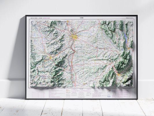 Lyon Vintage Shaded Relief Map 2D Print