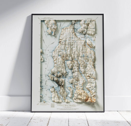 Seattle & Snohomish, Washington ~ Vintage Shaded Relief 2D Map Print