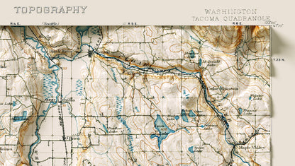 Tacoma & Puyallup, Washington ~ Vintage Shaded Relief 2D Map Print