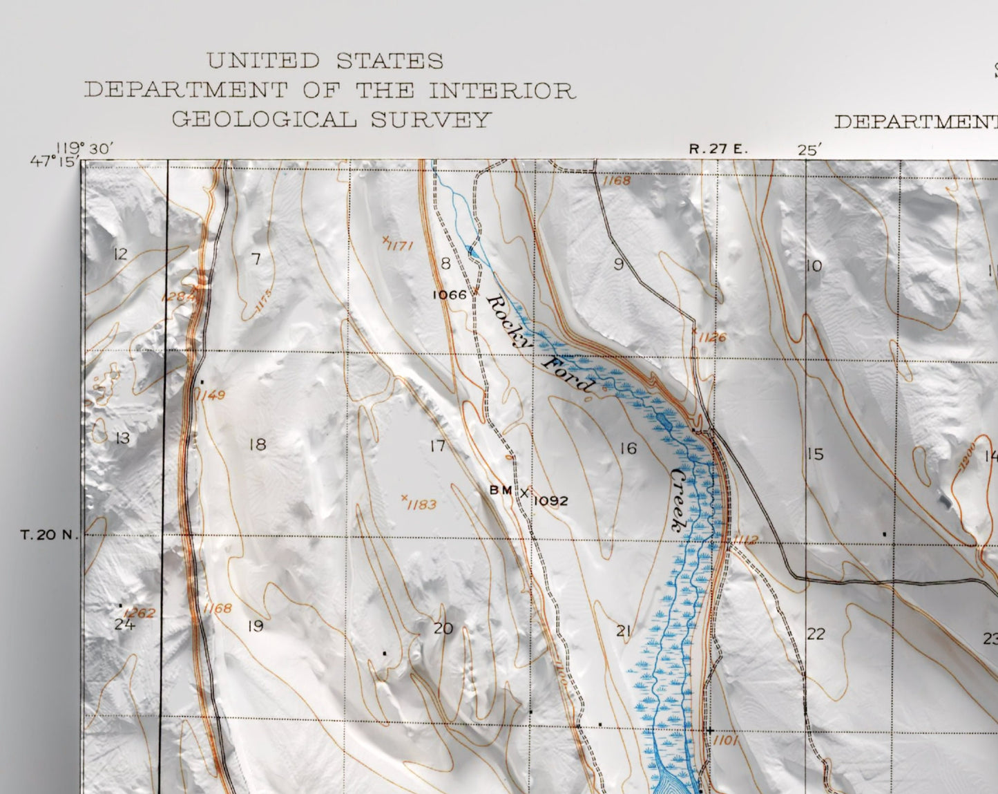 Moses Lake, Washington  ~ Shaded Relief 2D Map Print