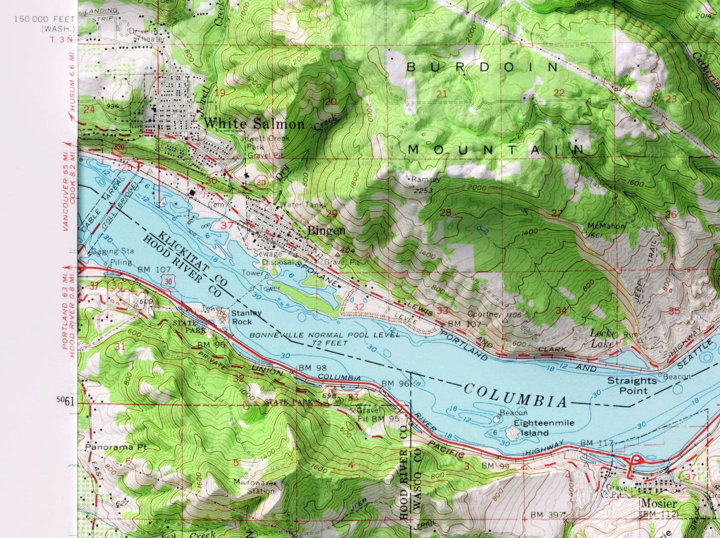 White Salmon & Columbia River, Oregon/Washington ~ Shaded Relief 2D Map Print