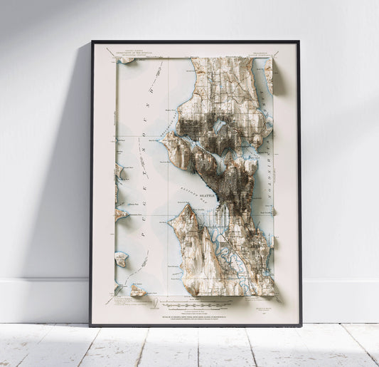 Seattle, Washington ~ Vintage Shaded Relief 2D Map Print