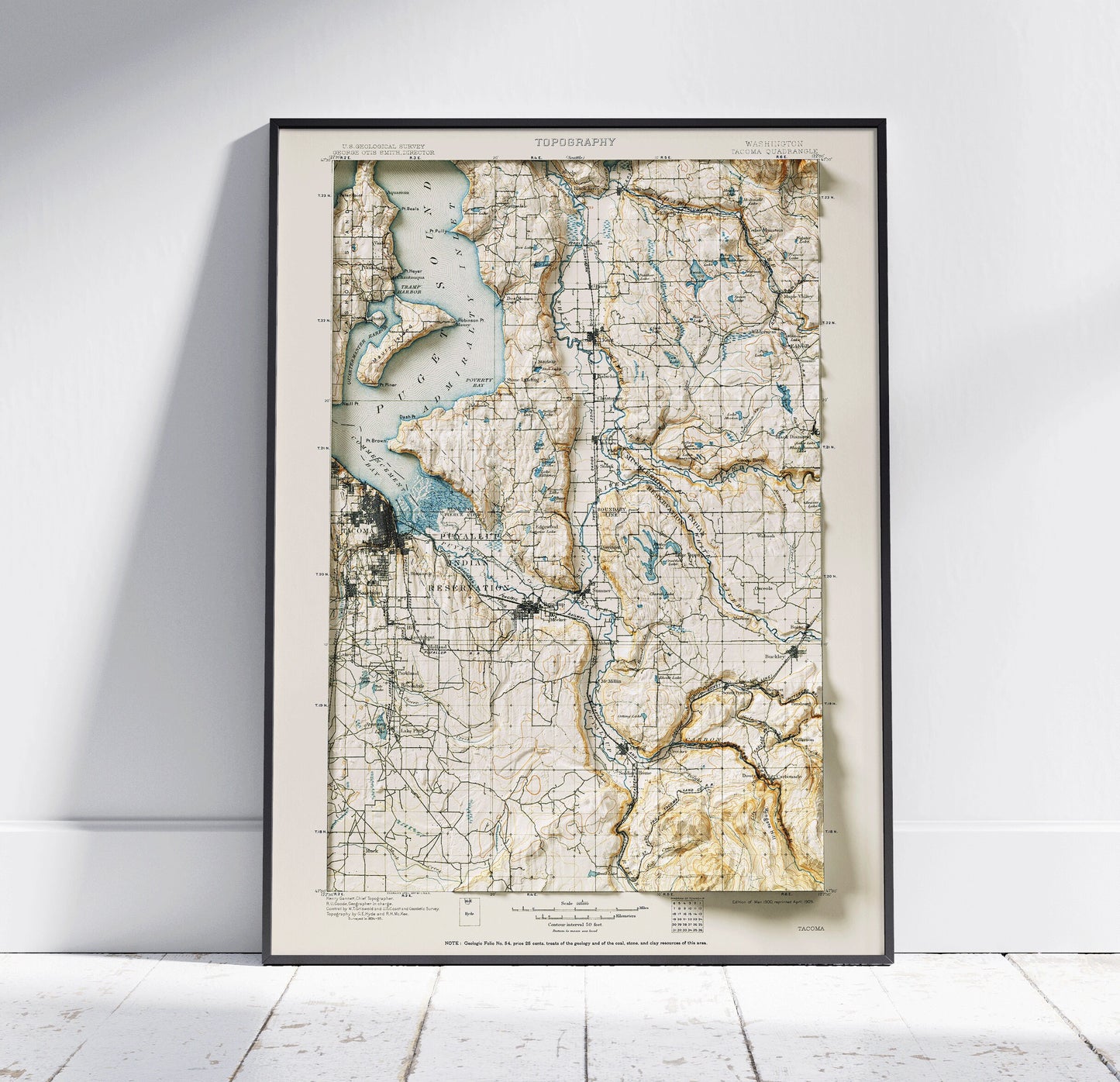 Tacoma & Puyallup, Washington ~ Vintage Shaded Relief 2D Map Print