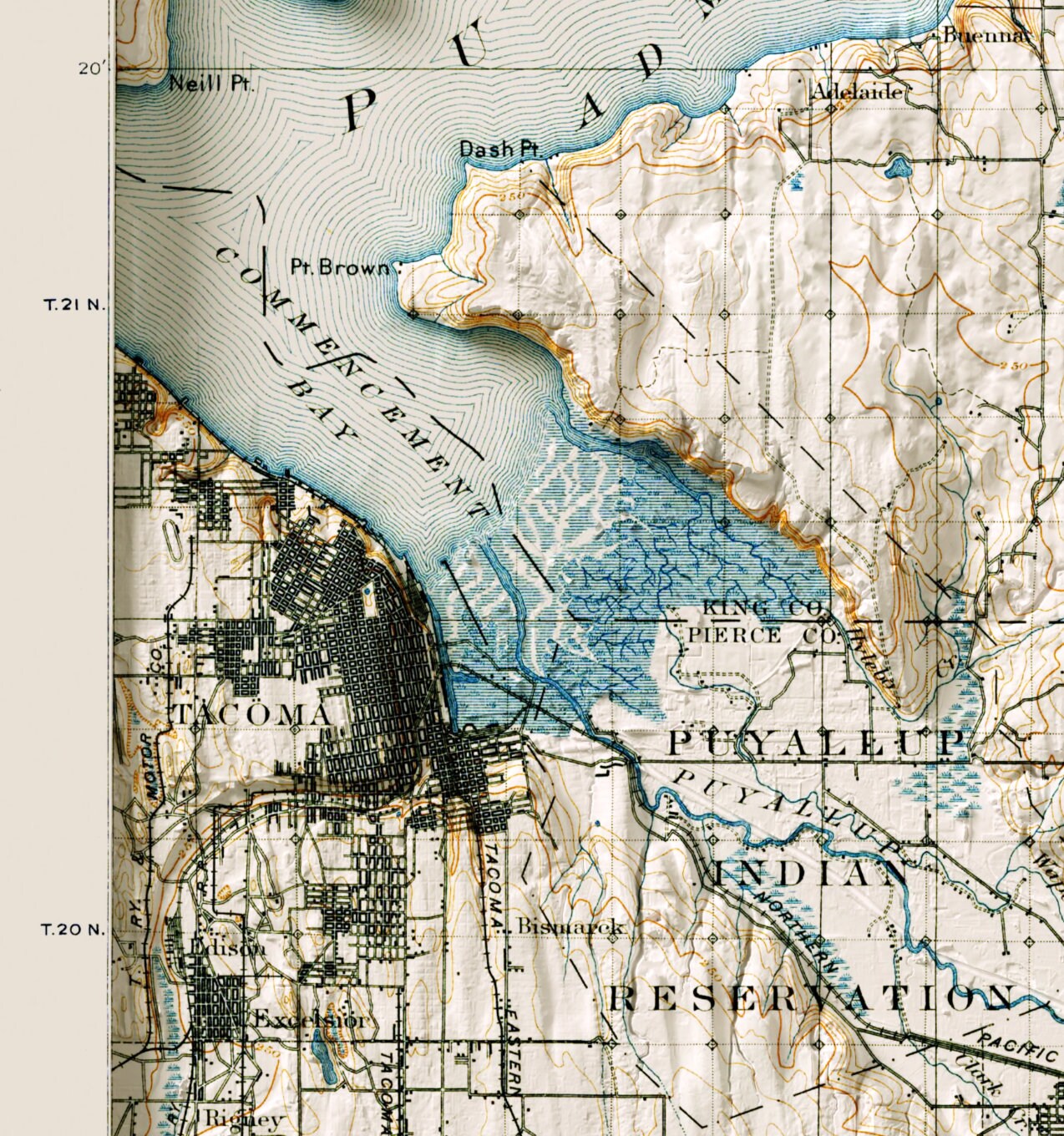 Tacoma & Puyallup, Washington ~ Vintage Shaded Relief 2D Map Print