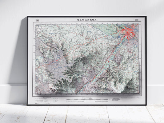 Zaragoza, Spain ~ Vintage Shaded Relief 2D Map Print