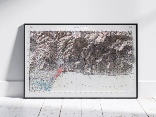 Malaga, Spain ~ Vintage Shaded Relief 2D Map Print