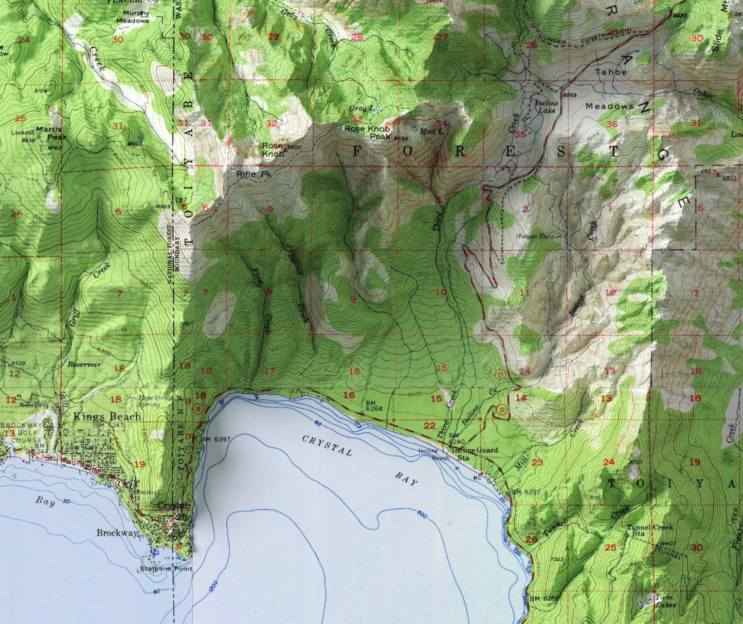 Lake Tahoe, California / Nevada ~ Vintage Shaded Relief 2D Map Print