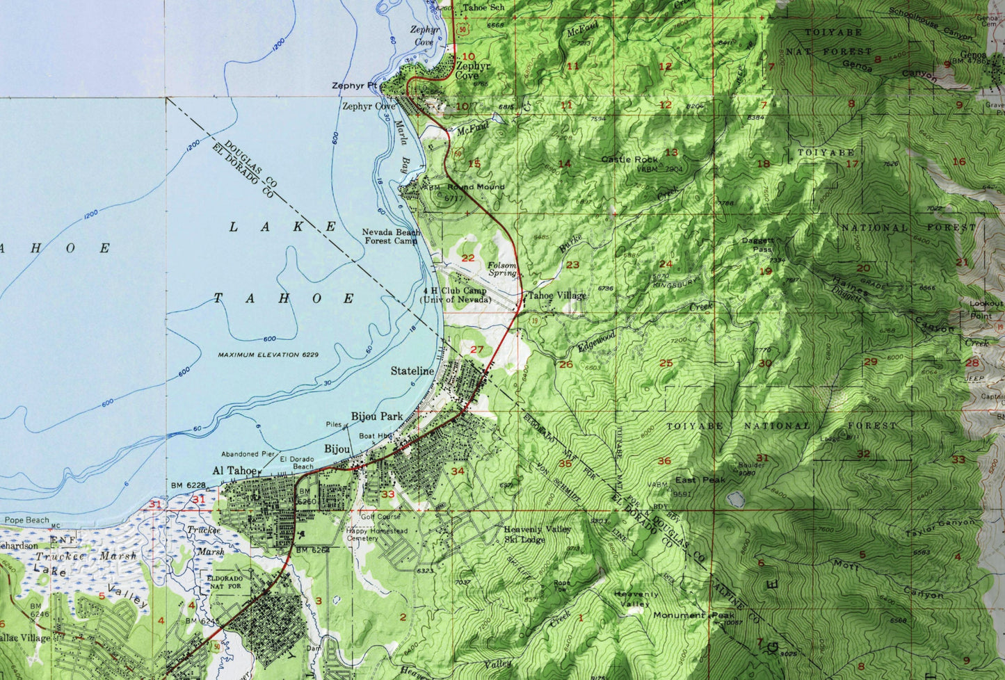 Lake Tahoe, California / Nevada ~ Vintage Shaded Relief 2D Map Print