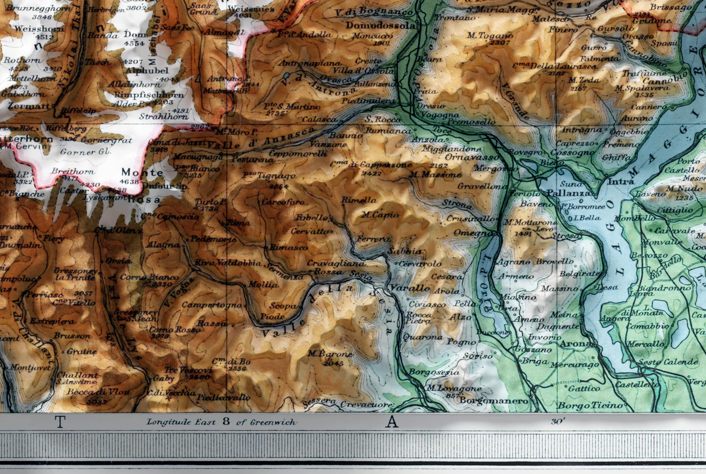 Switzerland Vintage 2D Shaded Relief Map Print ~ Topographic - Geneva, Matterhorn, Mont Blanc, Jungfrau