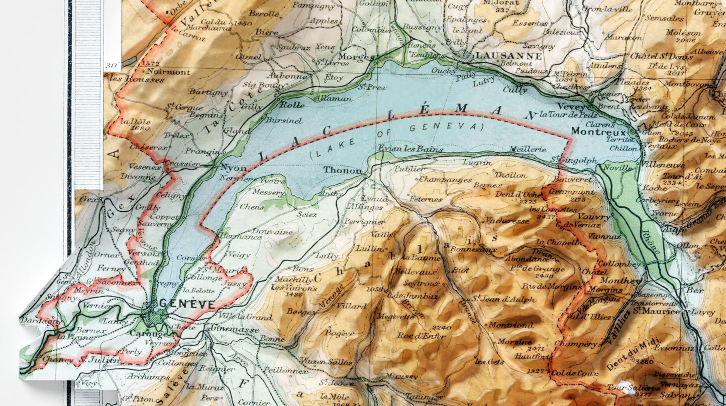 Switzerland Vintage 2D Shaded Relief Map Print ~ Topographic - Geneva, Matterhorn, Mont Blanc, Jungfrau