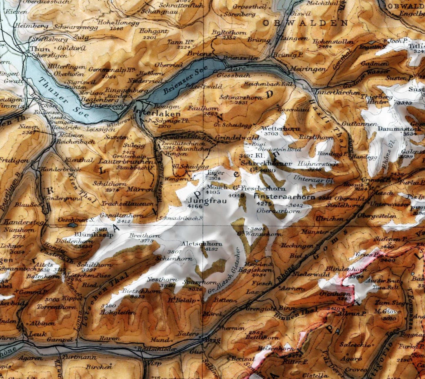 Switzerland Vintage 2D Shaded Relief Map Print ~ Topographic - Geneva, Matterhorn, Mont Blanc, Jungfrau