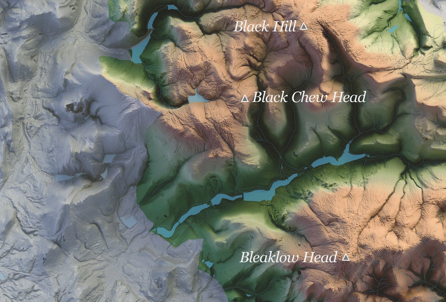 Peak District National Park Map ~ Topographic 2D Shaded Relief Print ~