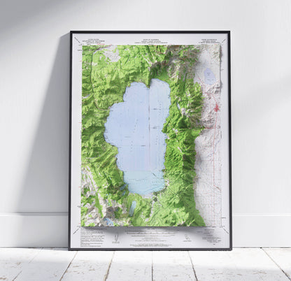 Lake Tahoe, California / Nevada ~ Vintage Shaded Relief 2D Map Print