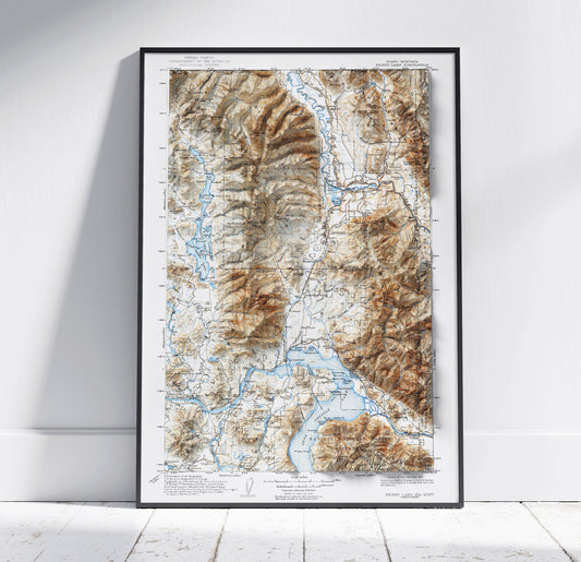 Priest Lake & Lake Pend Oreille, Idaho ~ Vintage Shaded Relief 2D Map Print