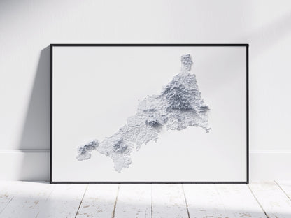 Cornwall Map ~ 2D Minimalist Print ~ Topographic Shaded Relief ~ Redruth, Falmouth, Newquay, Truro