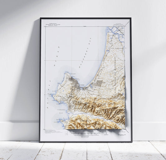 Monterey, California ~ 2D Map Shaded Relief Print  Vintage