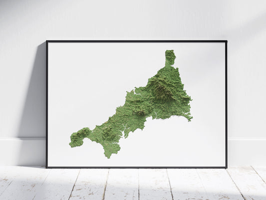 Cornwall ~ 2D Relief Map Print ~ Topographic Shaded ~ Redruth, Falmouth, Newquay, Truro