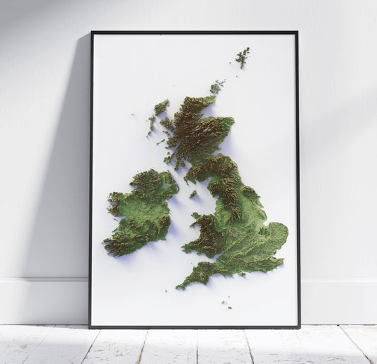 British Isles ~ 2D Shaded Relief Print ~ Plain Topographic Map ~ United Kingdom, Great Britain, Ireland