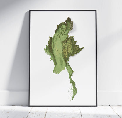 Myanmar ~ 2D Topographic Map Print ~ Shaded Relief