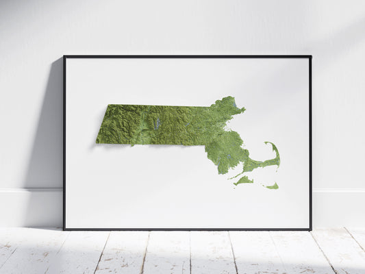 Massachusetts Map ~ 2D Aerial Topographic Relief Print ~ Shaded Relief