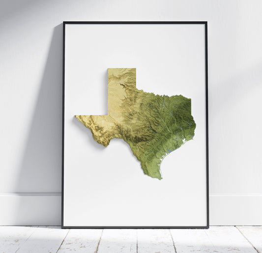 Texas Map ~ 2D Aerial Topographic Relief Print ~ Shaded Relief US State Poster Wall Art Modern Decor