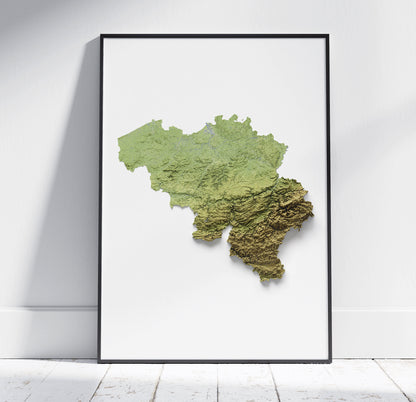 Belgium Map Print ~ 2D Topographic Relief ~ Shaded Poster Wall Art Modern Decor