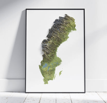 Sweden Map Print ~ 2D Topographic Relief ~ Shaded Poster Wall Art Modern Decor