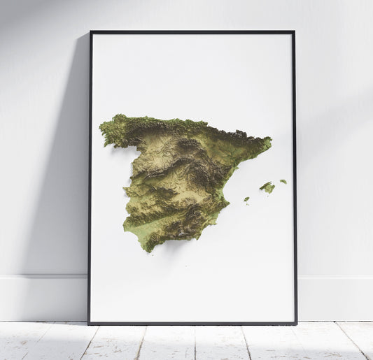 Spain Map ~ 2D Topographic Relief Print ~ Shaded Poster Wall Art Modern Decor