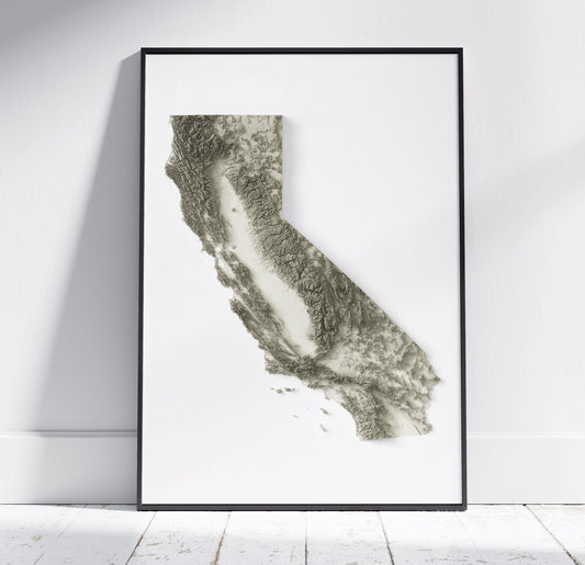 California Map ~ 2D Minimalist Topographic Relief Print ~ Shaded Relief US State