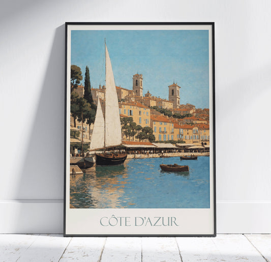 Côte d'Azur Travel Print ~ Vintage Style Painting Harbor France Classic Travel Poster Wall Art Home Decor