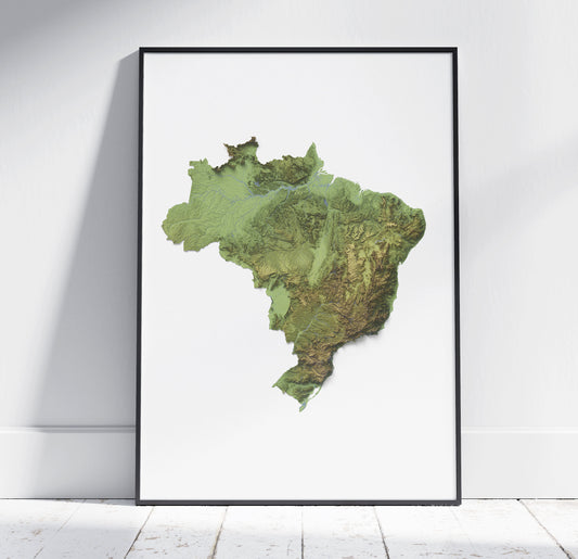 Brazil Map ~ 2D Aerial Topographic Relief Print ~ Shaded Poster Wall Art Modern Decor