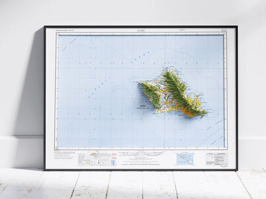 Oahu, Hawaii Map ~ Vintage Shaded Relief 2D Print ~ Poster Wall Art Decor Topography