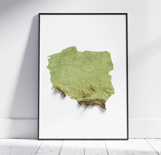 Poland Map Print ~ 2D Topographic Relief ~ Shaded Poster Wall Art Modern Decor